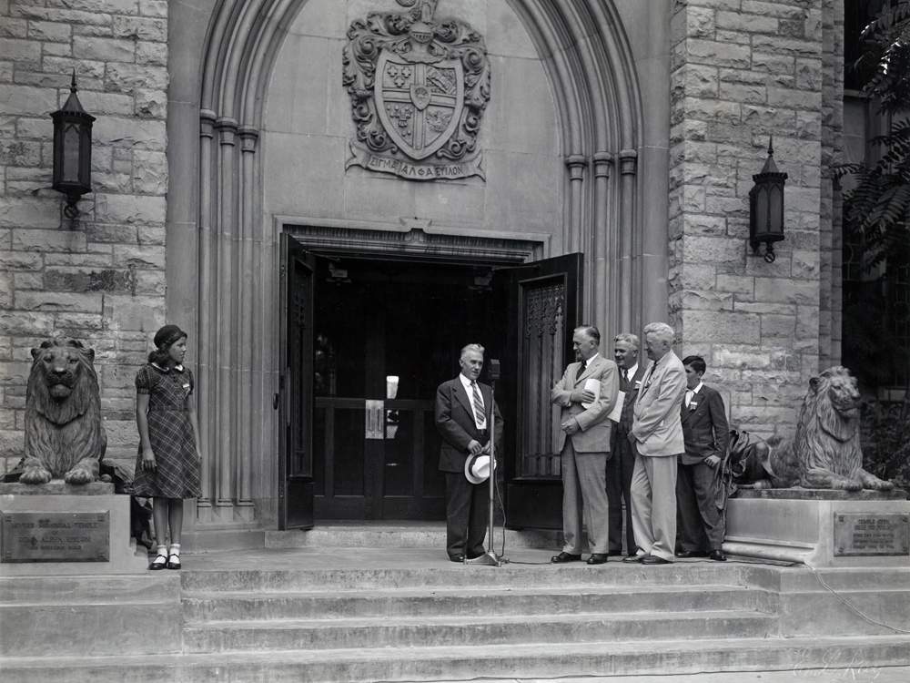 historical photo outside levere memorial temple of lion dedication