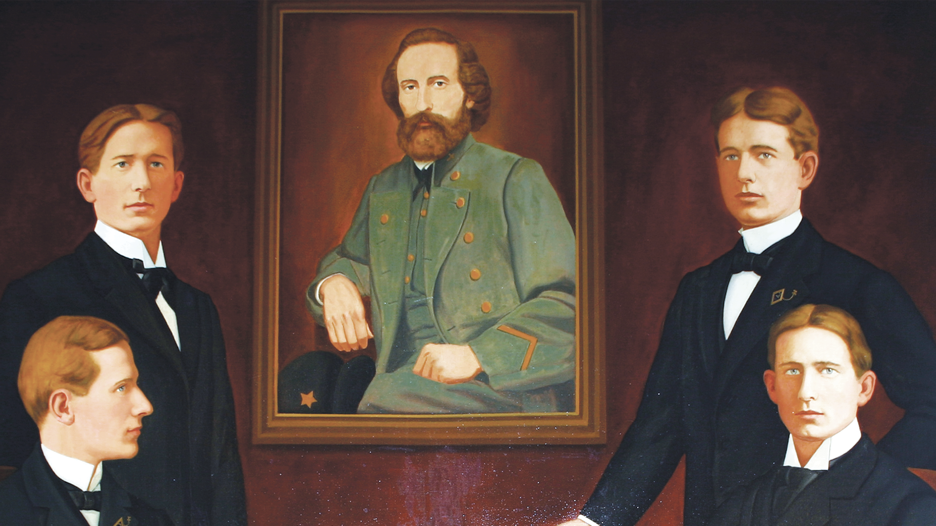 historical drawing of Bunting brothers in front of a portrait drawing